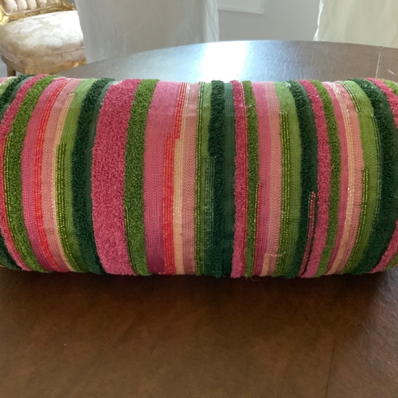 MacKenzie-Childs Really Rosy, Bolster Green and Pink Striped Pillow. Retired - Picture 8 of 8